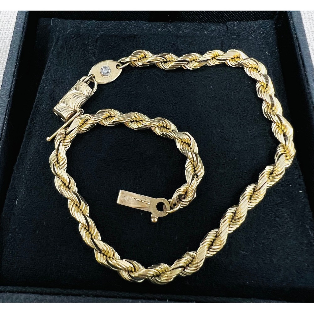 Vintage 14k Yellow Gold Silk Rope Chain Bracelet Diamond Accent Box Clasp 7 Inch